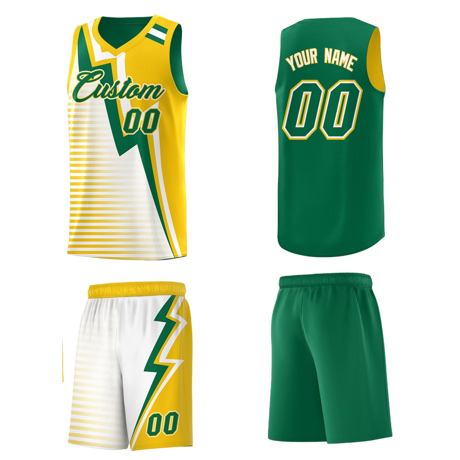 Custom Kelly Green Gold White Gradient Stripes Lightning Pattern Reversible Sets Basketball Jersey| KXKSHOP