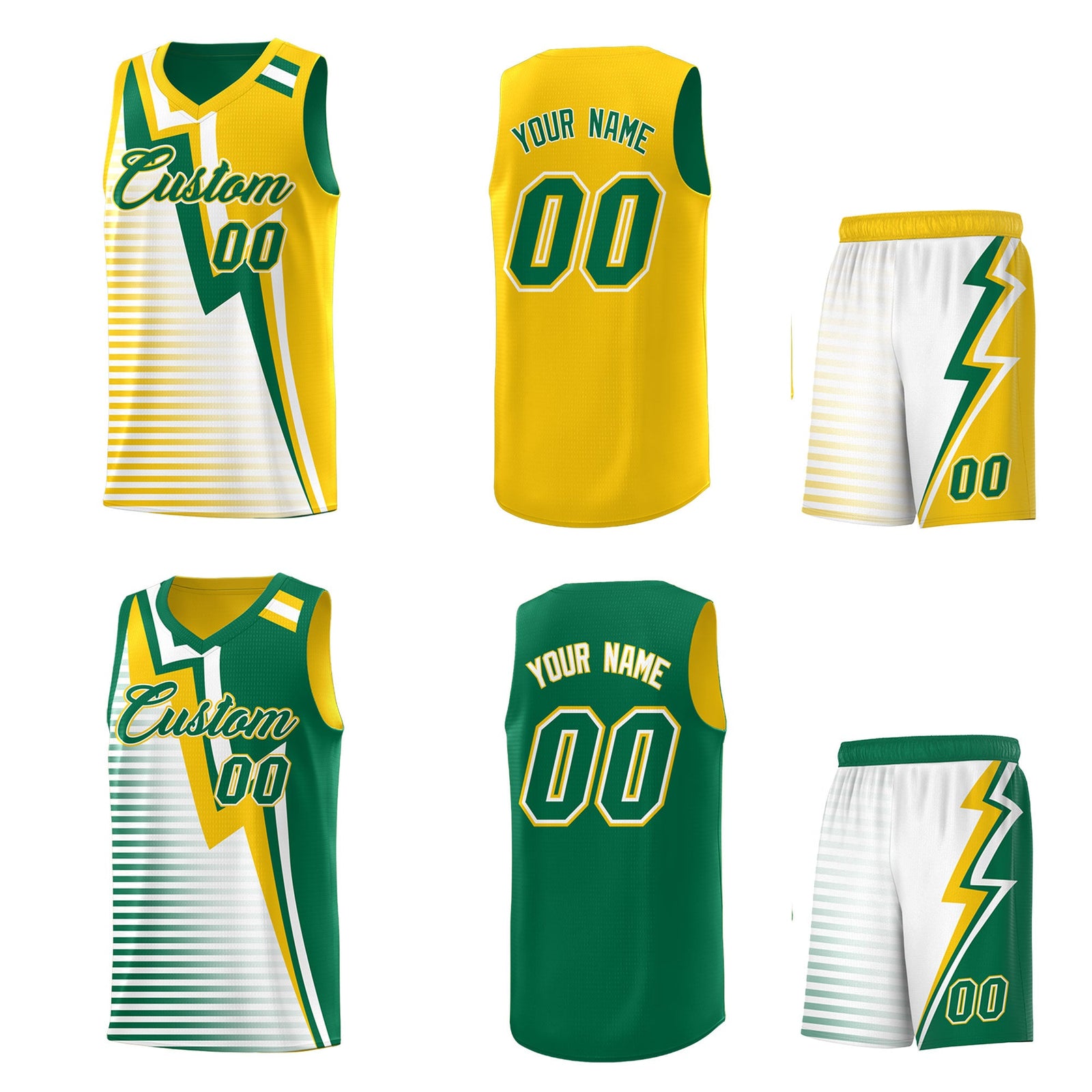 Custom Kelly Green Gold White Gradient Stripes Lightning Pattern Reversible Sets Basketball Jersey| KXKSHOP