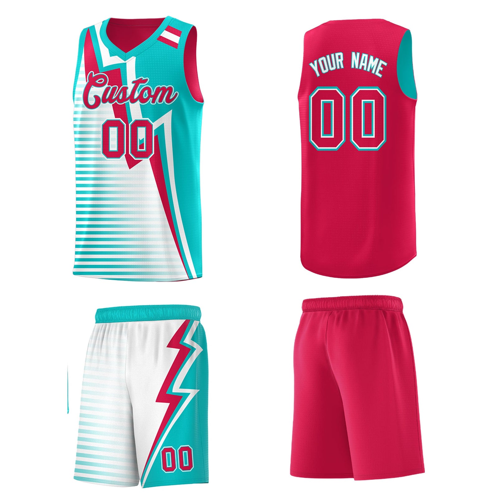 Custom Red Aqua White Gradient Stripes Lightning Pattern Reversible Sets Basketball Jersey| KXKSHOP