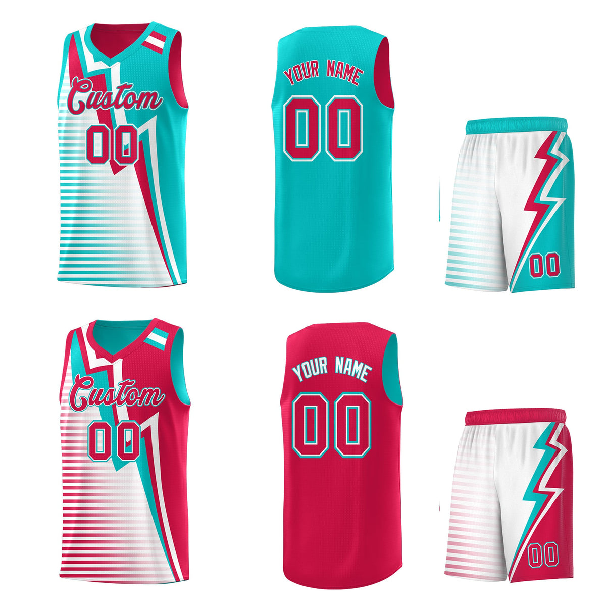 Custom Red Aqua White Gradient Stripes Lightning Pattern Reversible Sets Basketball Jersey| KXKSHOP
