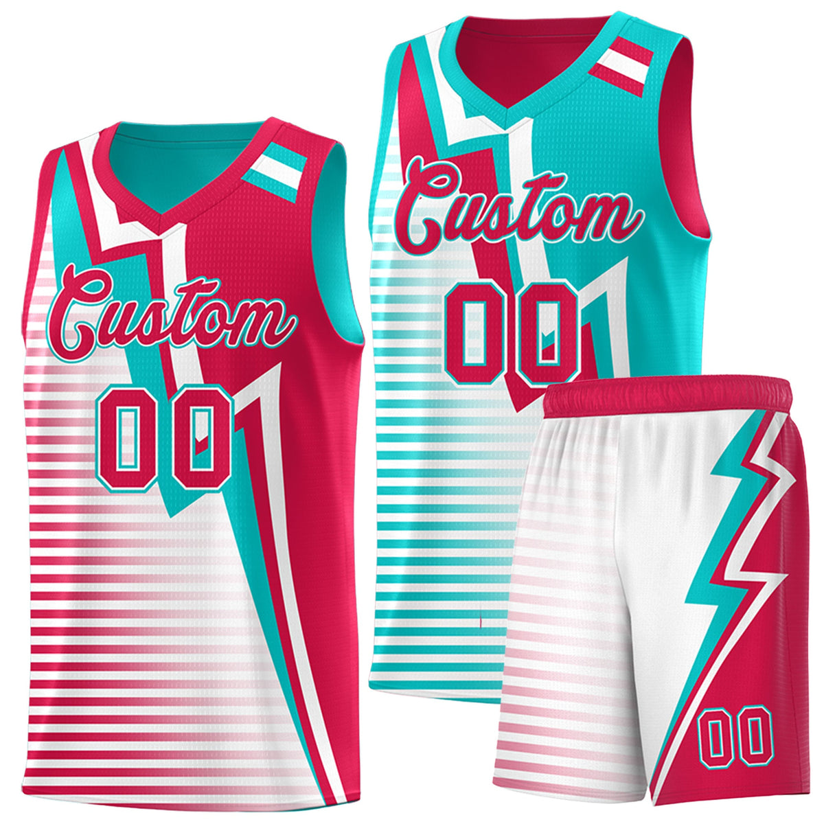 Custom Red Aqua White Gradient Stripes Lightning Pattern Reversible Sets Basketball Jersey| KXKSHOP