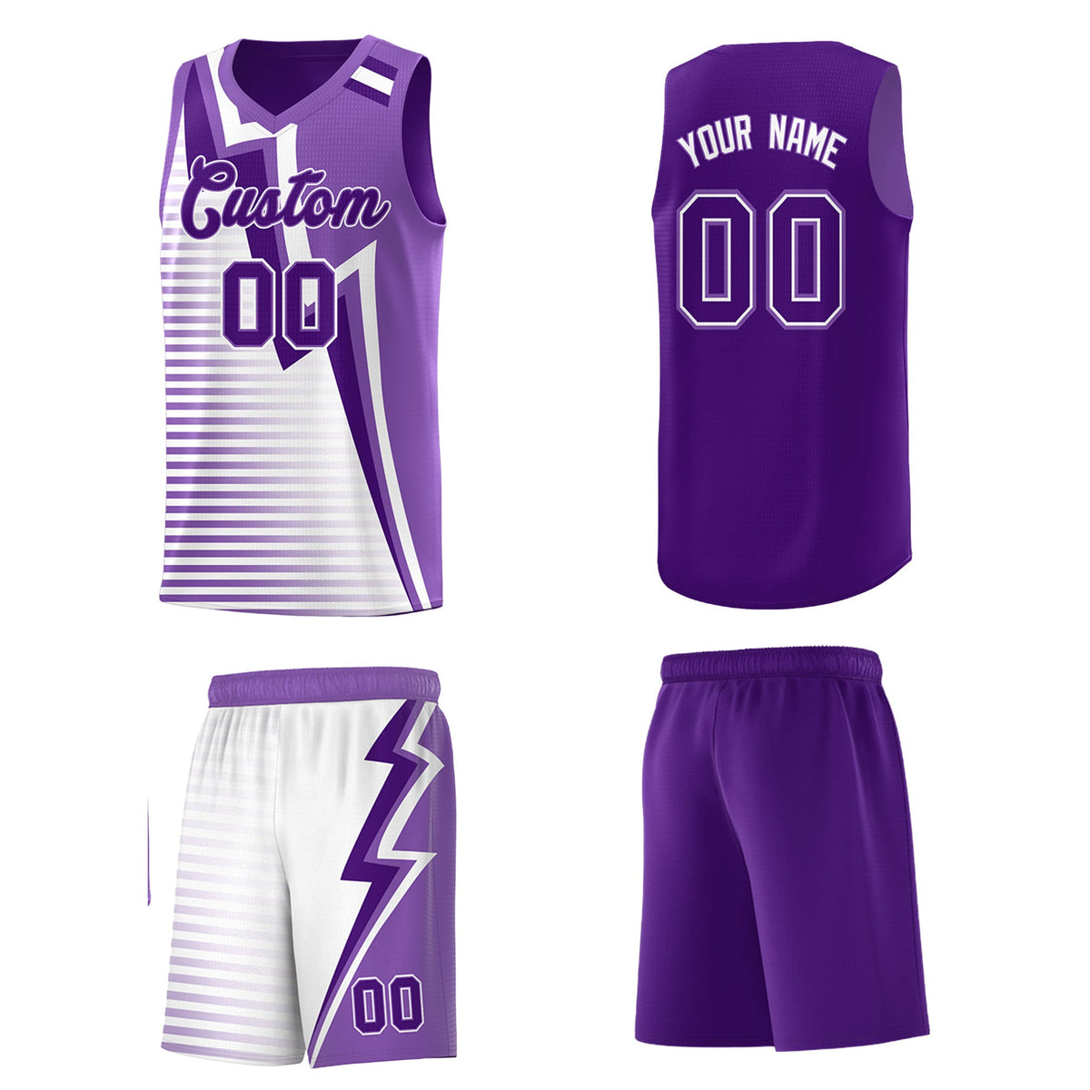 Custom Purple Light Purple White Gradient Stripes Lightning Pattern Reversible Sets Basketball Jersey| KXKSHOP