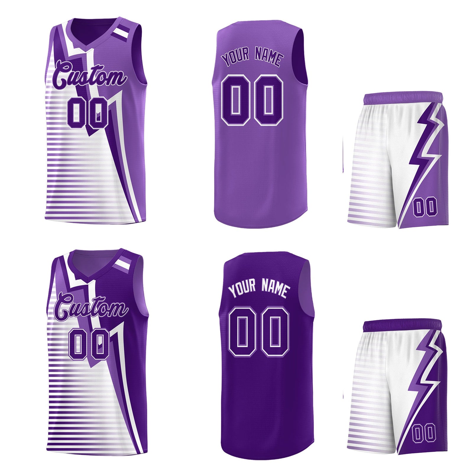 Custom Purple Light Purple White Gradient Stripes Lightning Pattern Reversible Sets Basketball Jersey| KXKSHOP