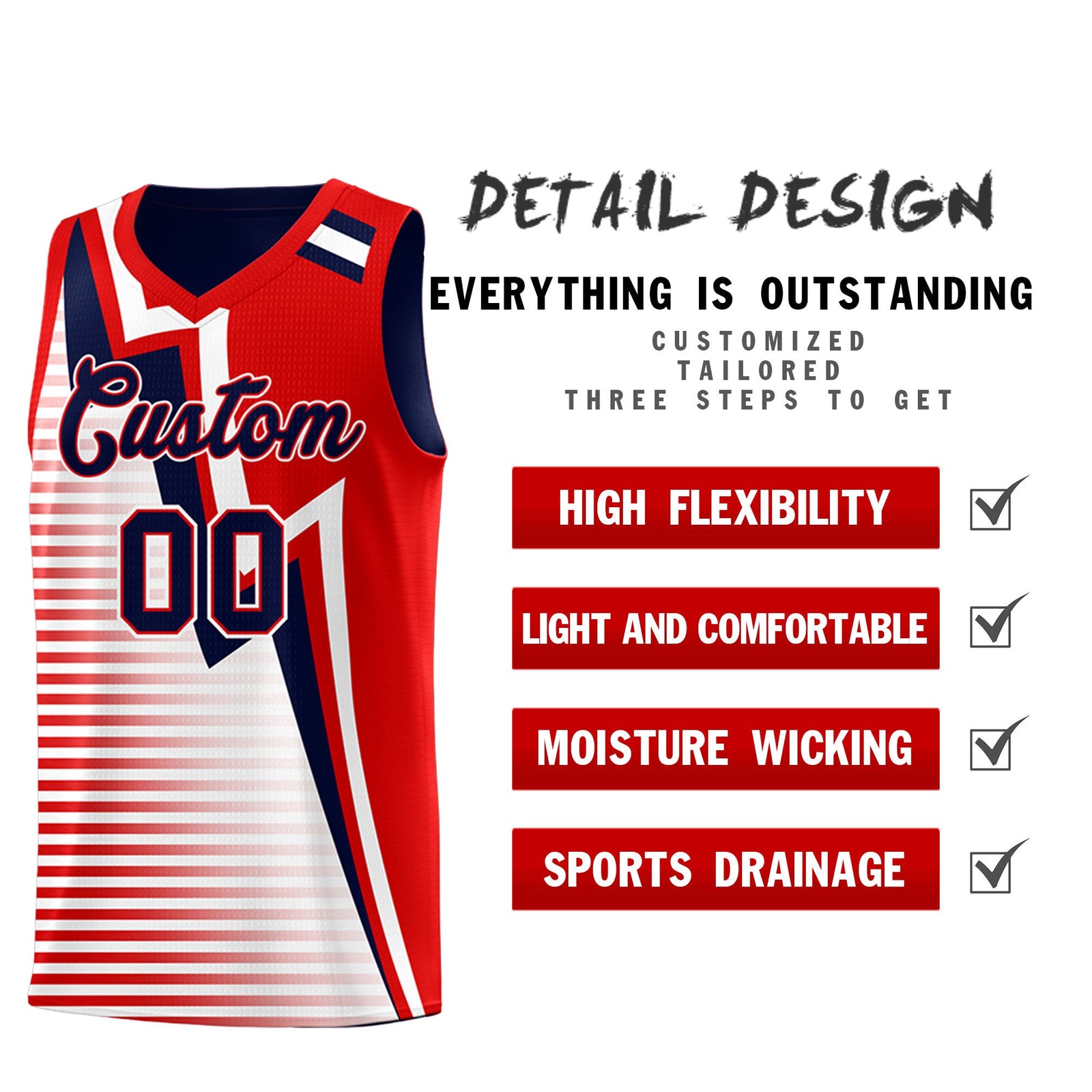 Custom Navy Red White Gradient Stripes Lightning Pattern Reversible Sets Basketball Jersey| KXKSHOP