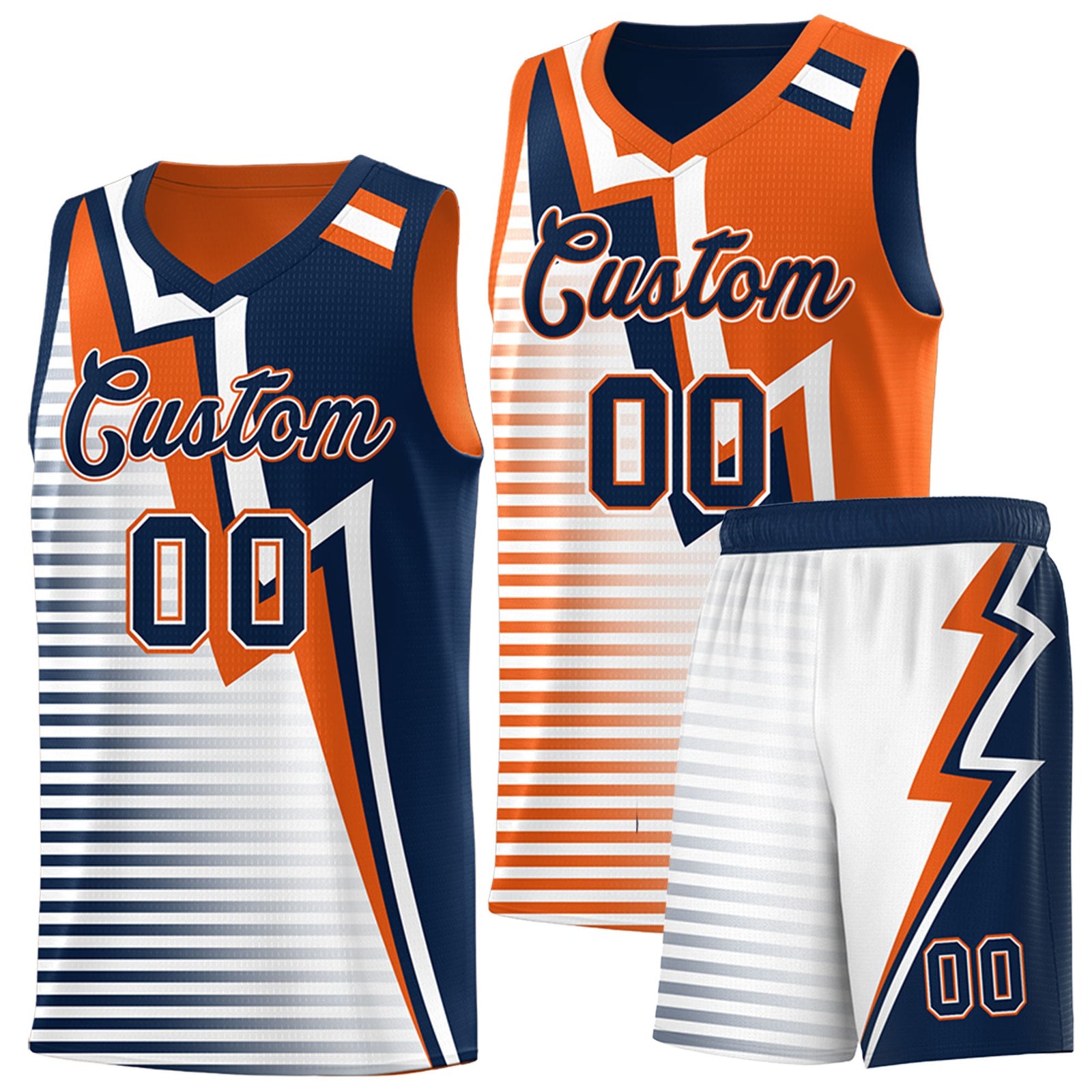 Custom Navy Orange White Gradient Stripes Lightning Pattern Reversible Sets Basketball Jersey| KXKSHOP