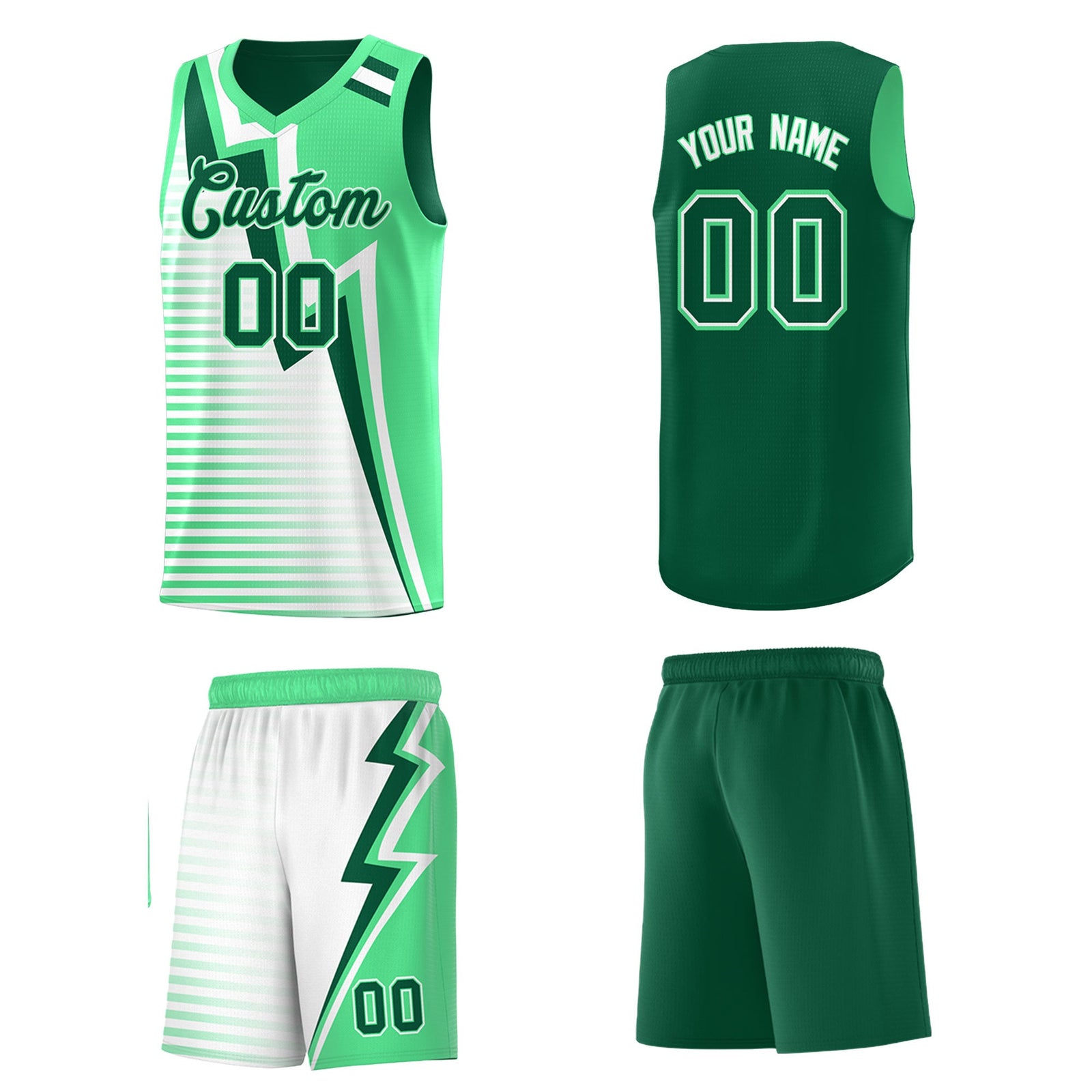 Custom Kelly Green Green White Gradient Stripes Lightning Pattern Reversible Sets Basketball Jersey| KXKSHOP