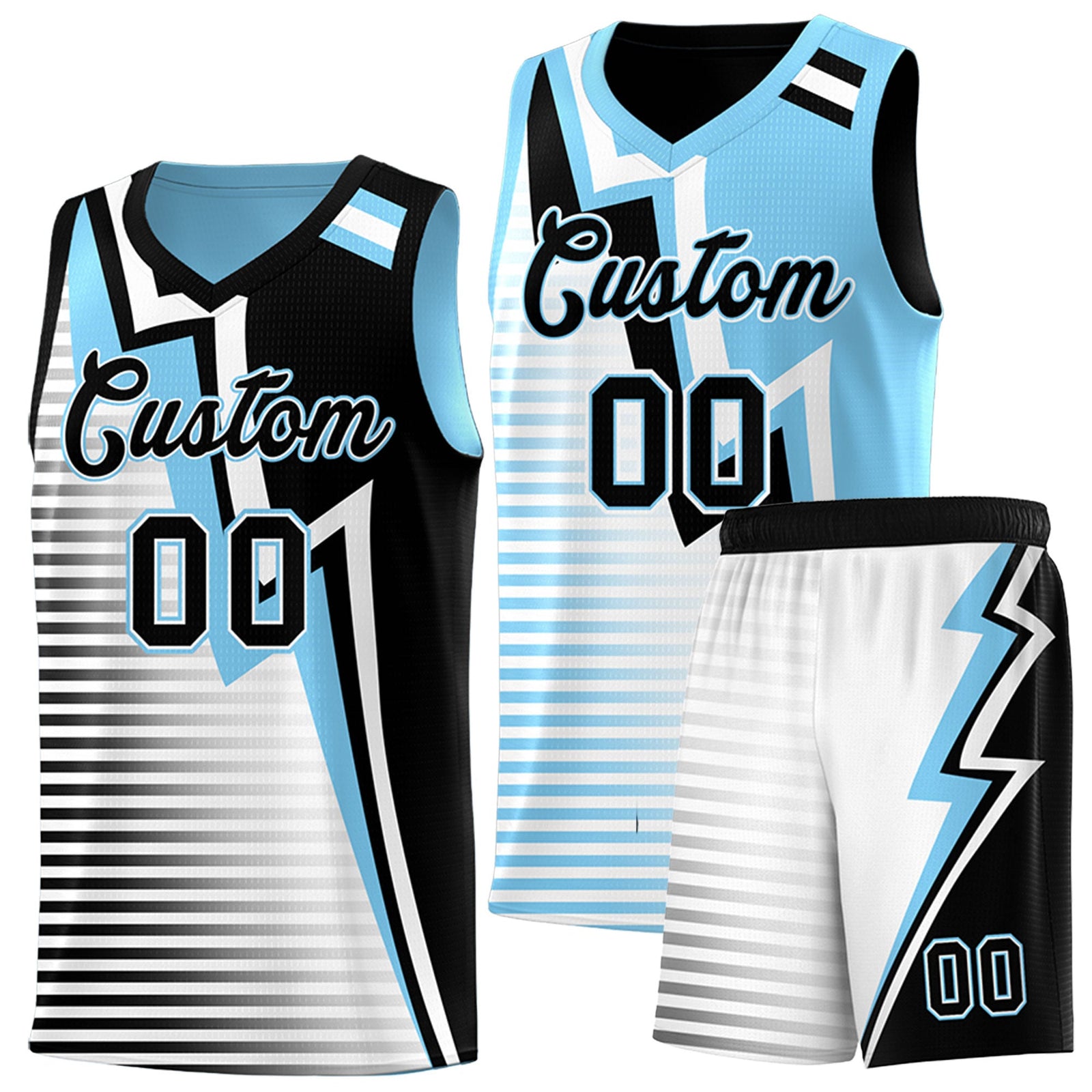 Custom Black Light Blue White Gradient Stripes Lightning Pattern Reversible Sets Basketball Jersey| KXKSHOP