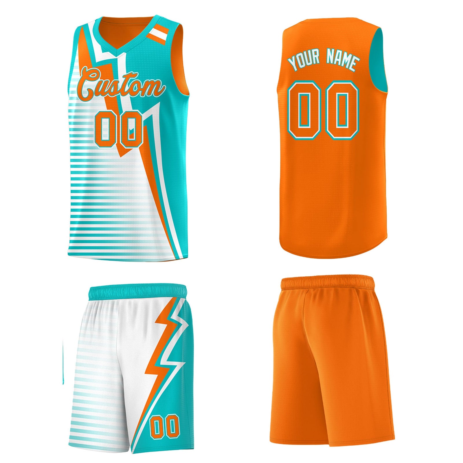 Custom Orange Aqua White Gradient Stripes Lightning Pattern Reversible Sets Basketball Jersey| KXKSHOP