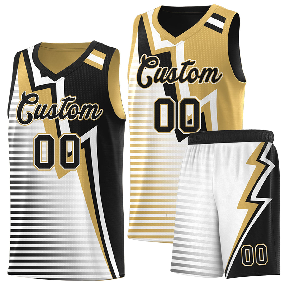 Custom Black Old Gold White Gradient Stripes Lightning Pattern Reversible Sets Basketball Jersey| KXKSHOP