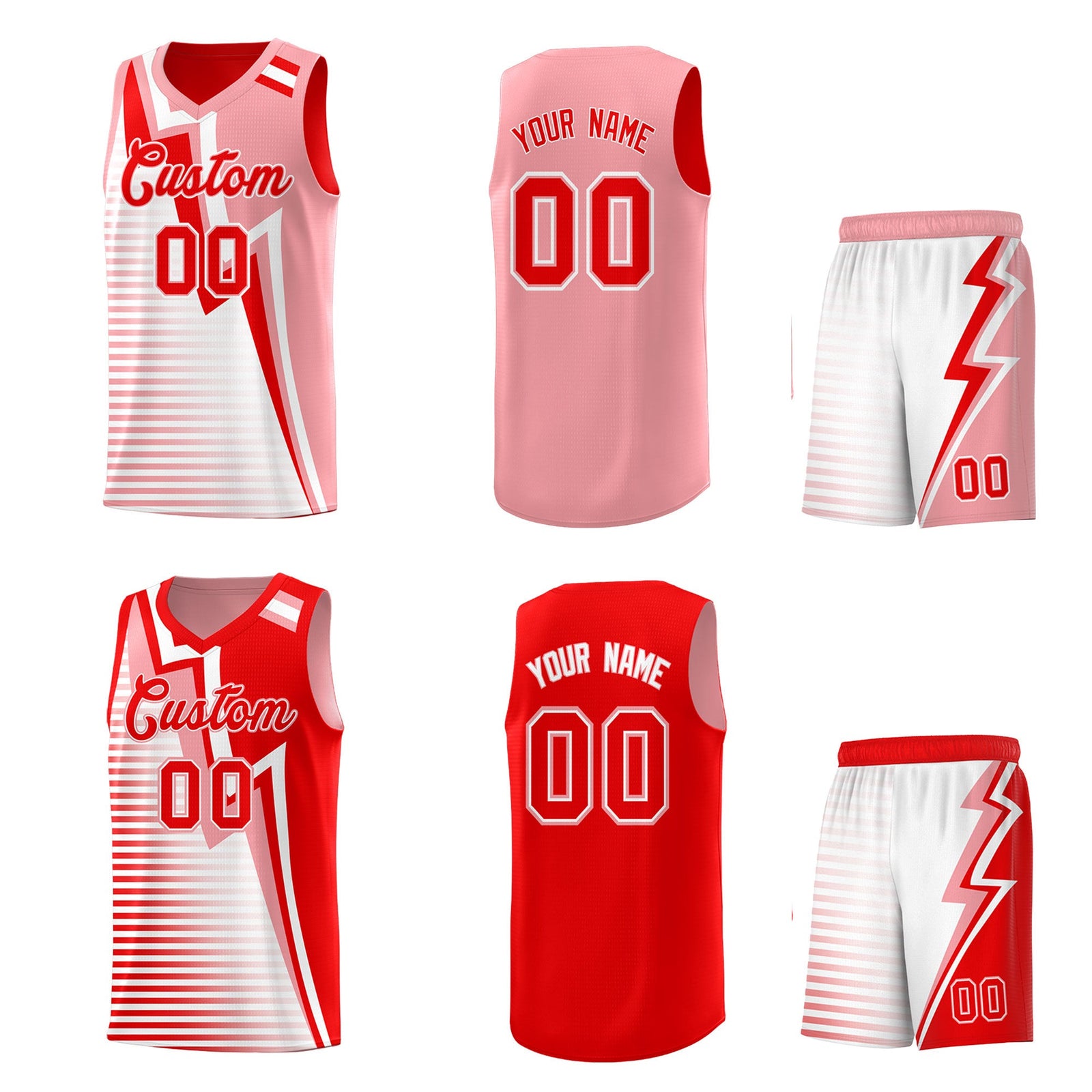 Custom Light Red Light Pink White Gradient Stripes Lightning Pattern Reversible Sets Basketball Jersey| KXKSHOP
