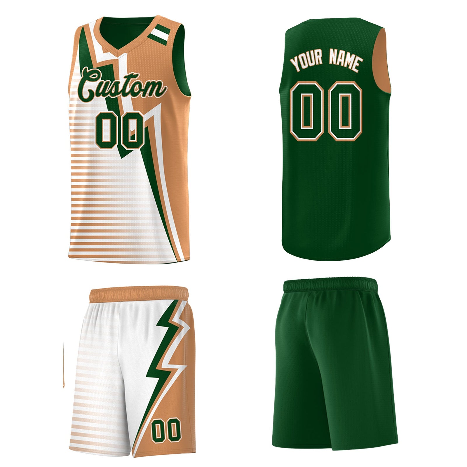 Custom Green Buckskin Brown White Gradient Stripes Lightning Pattern Reversible Sets Basketball Jersey| KXKSHOP