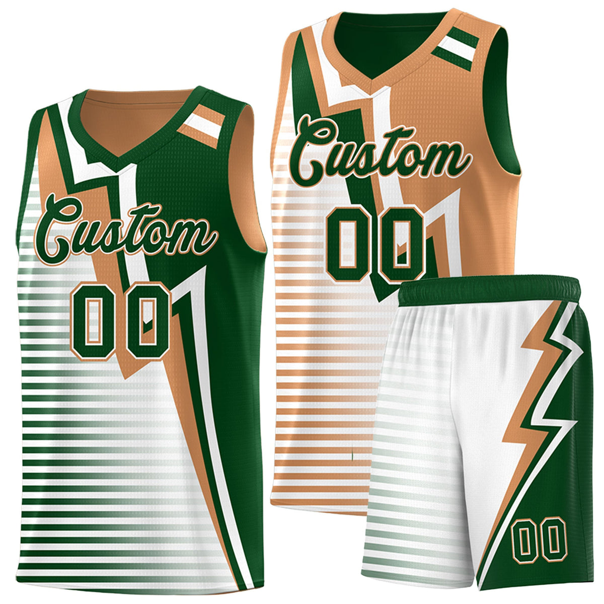 Custom Green Buckskin Brown White Gradient Stripes Lightning Pattern Reversible Sets Basketball Jersey| KXKSHOP