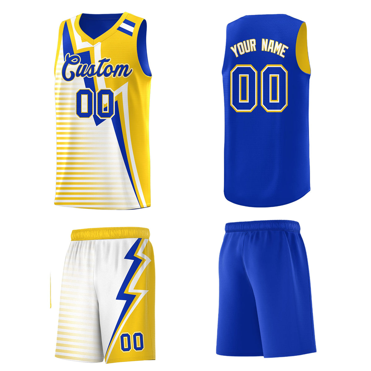 Custom Royal Blue Gold White Gradient Stripes Lightning Pattern Reversible Sets Basketball Jersey| KXKSHOP