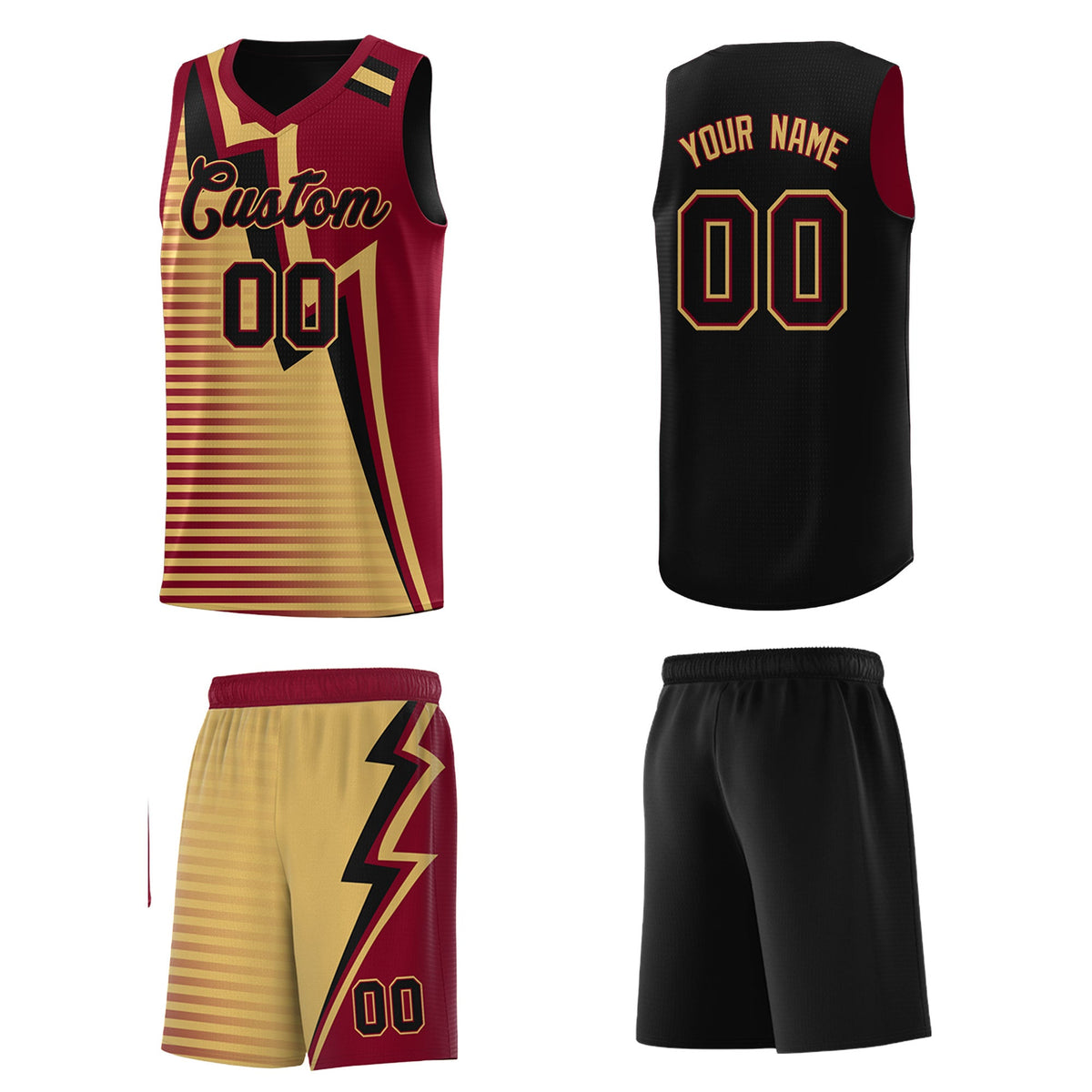 Custom Black Old Gold Crimson Gradient Stripes Lightning Pattern Reversible Sets Basketball Jersey| KXKSHOP