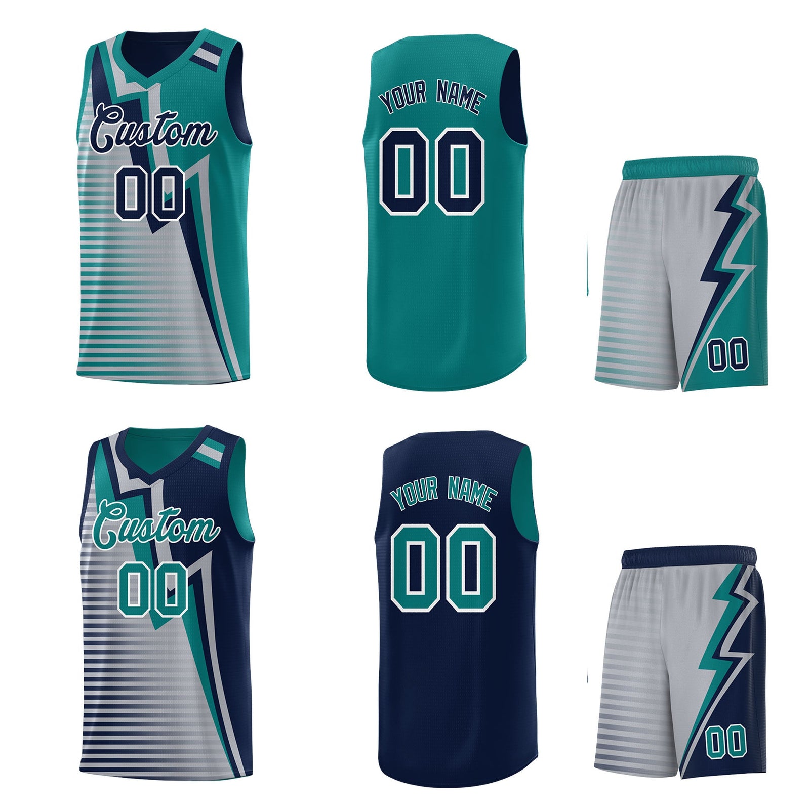 Custom Navy Teal Gray Gradient Stripes Lightning Pattern Reversible Sets Basketball Jersey| KXKSHOP