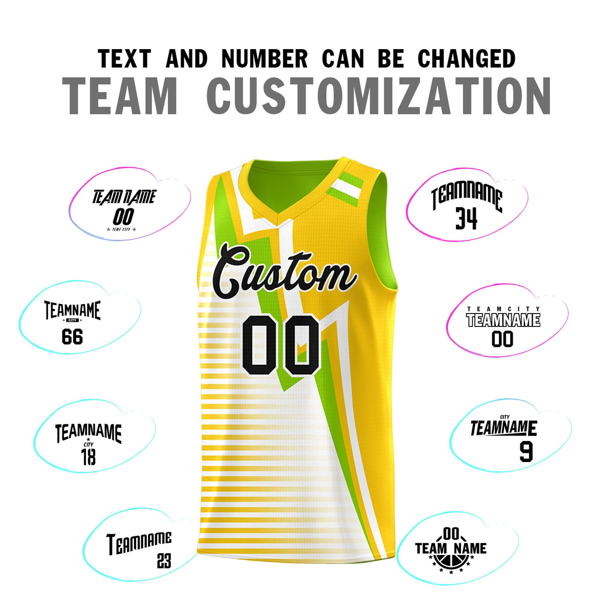 Custom Neon Green Gold White Gradient Stripes Lightning Pattern Reversible Sets Basketball Jersey| KXKSHOP