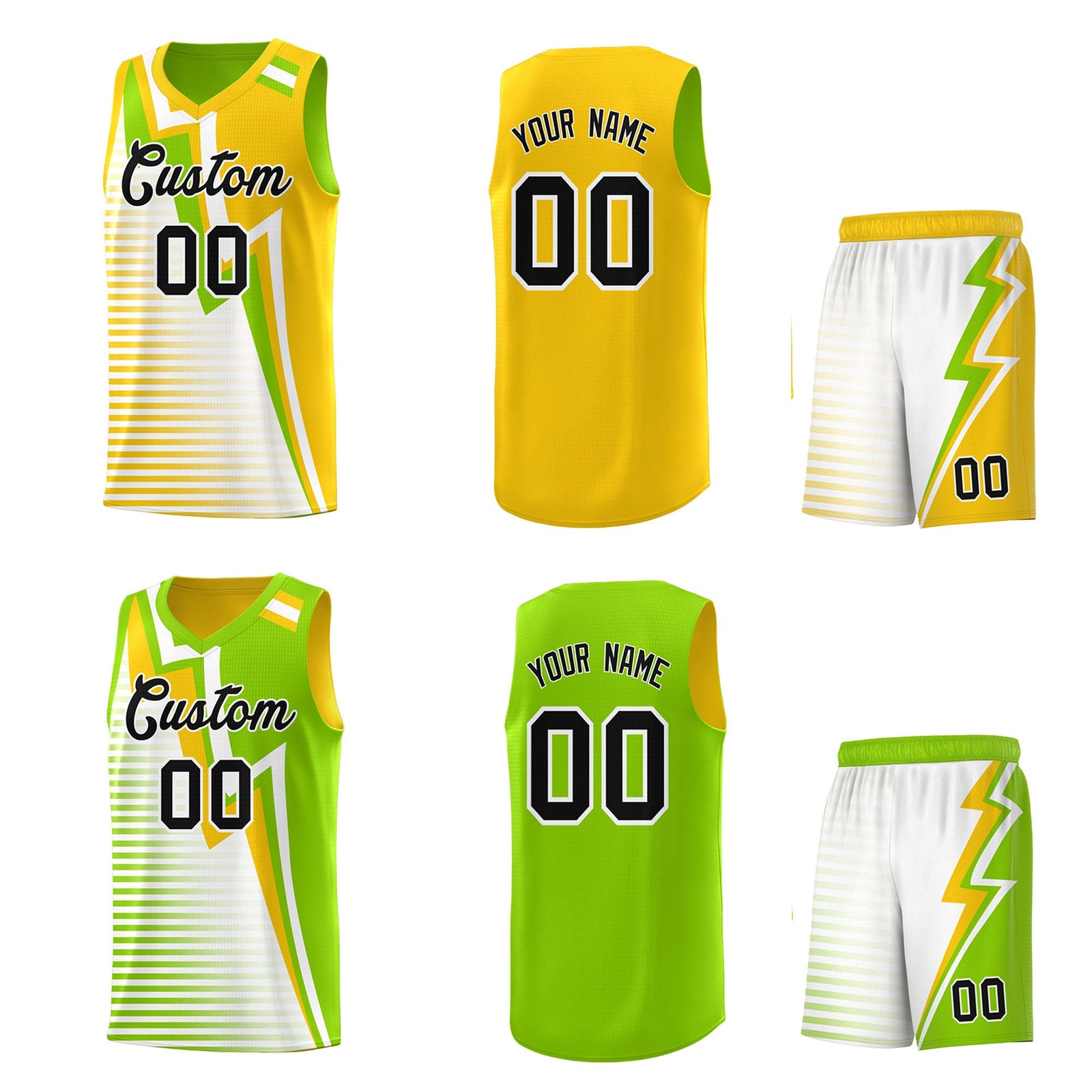 Custom Neon Green Gold White Gradient Stripes Lightning Pattern Reversible Sets Basketball Jersey| KXKSHOP