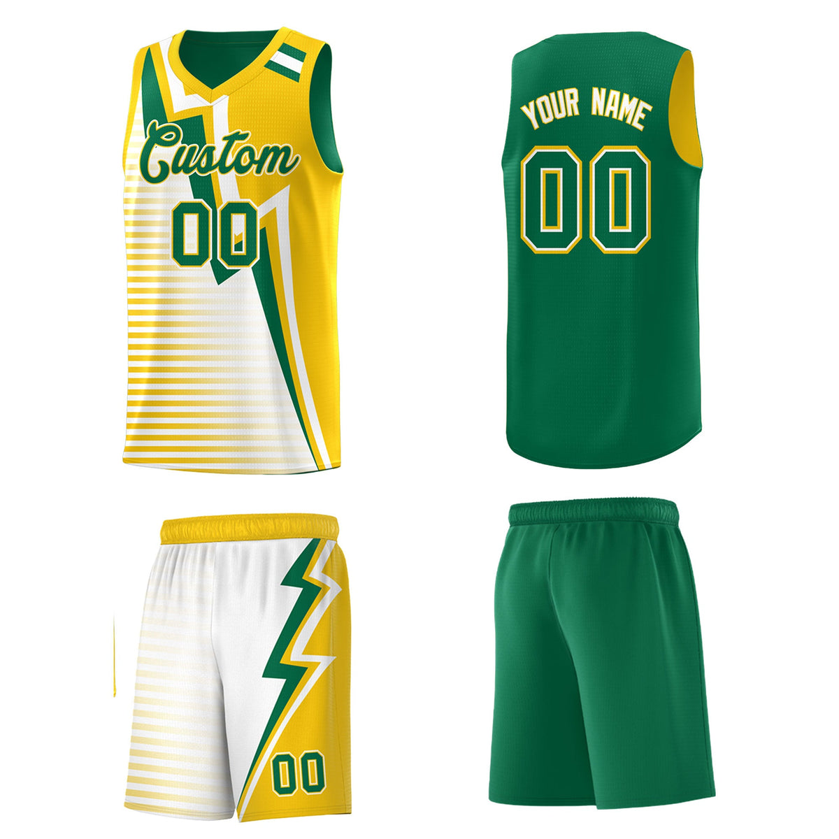 Custom Kelly Green Gold White Gradient Stripes Lightning Pattern Reversible Sets Basketball Jersey| KXKSHOP