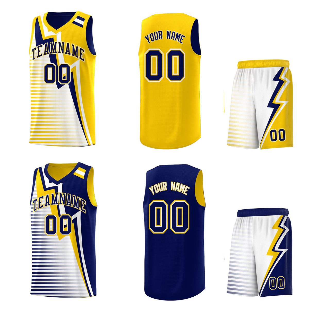 Custom Navy Gold White Gradient Stripes Lightning Pattern Reversible Sets Basketball Jersey| KXKSHOP
