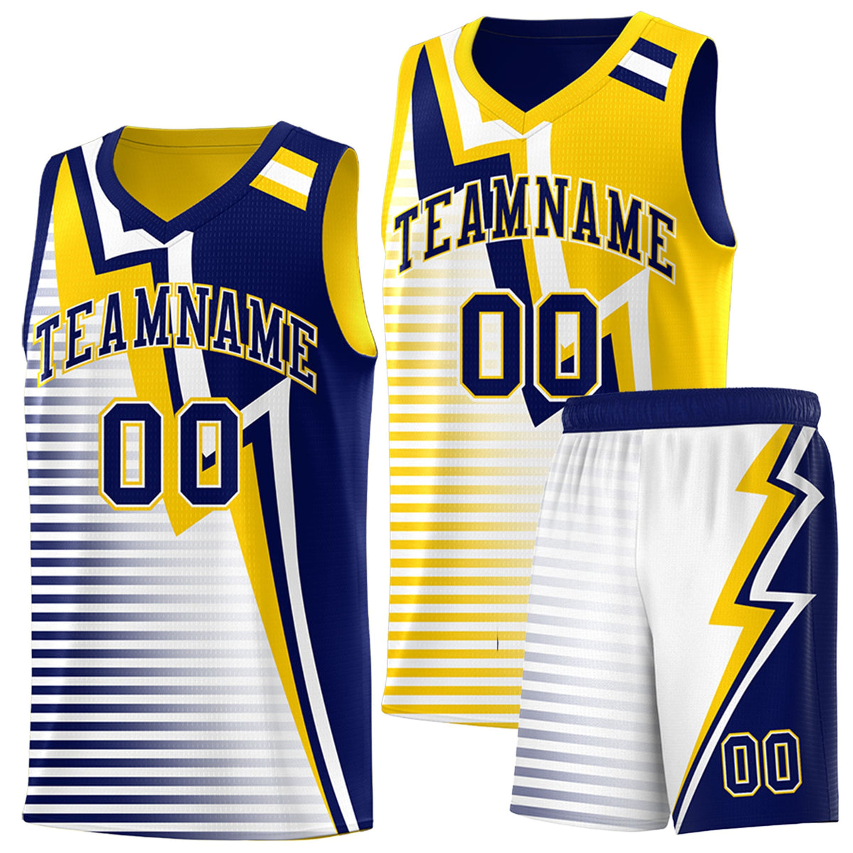 Custom Navy Gold White Gradient Stripes Lightning Pattern Reversible Sets Basketball Jersey| KXKSHOP