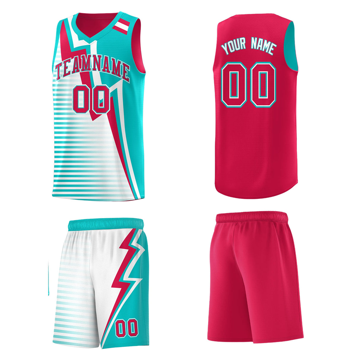 Custom Red Aqua White Gradient Stripes Lightning Pattern Reversible Sets Basketball Jersey| KXKSHOP