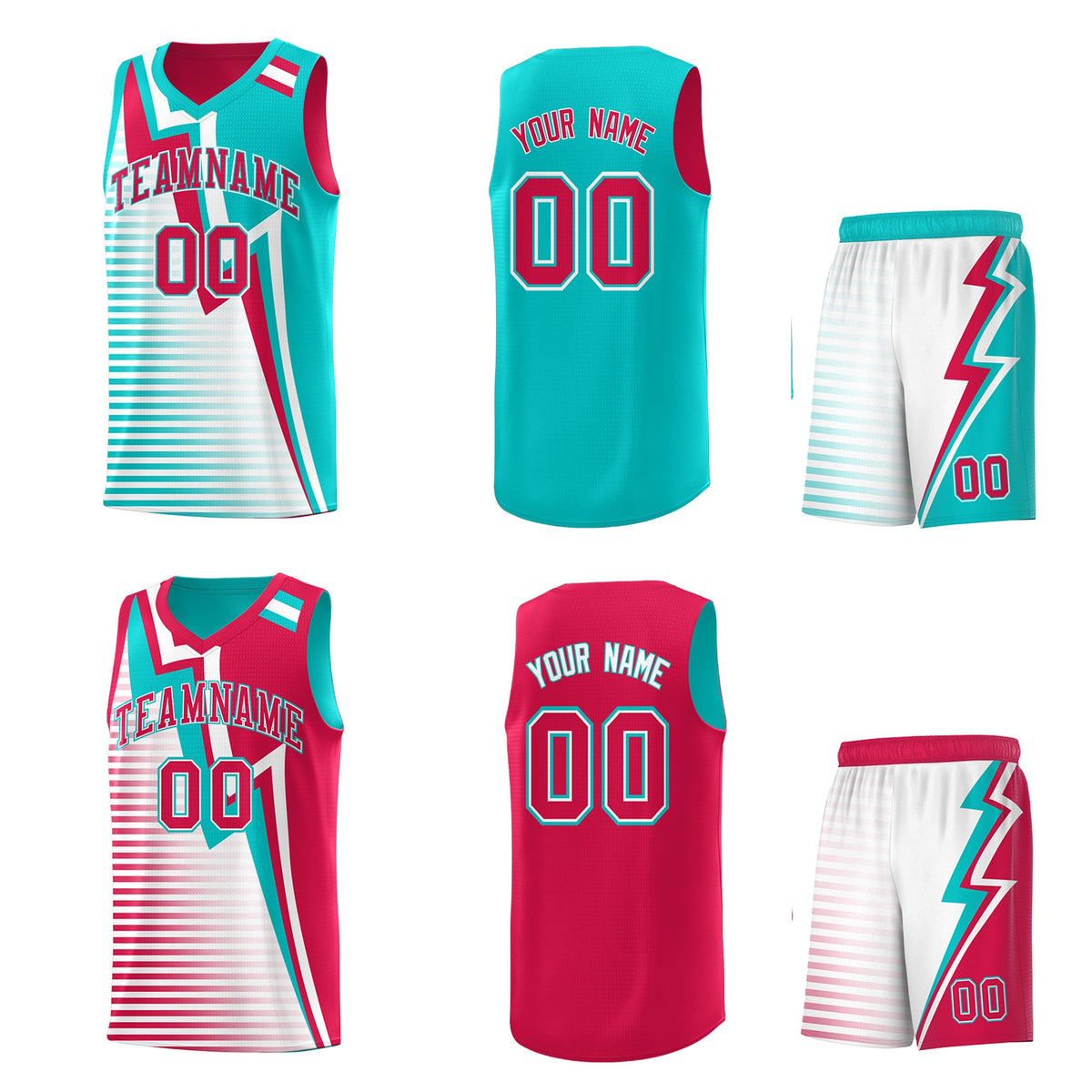 Custom Red Aqua White Gradient Stripes Lightning Pattern Reversible Sets Basketball Jersey| KXKSHOP