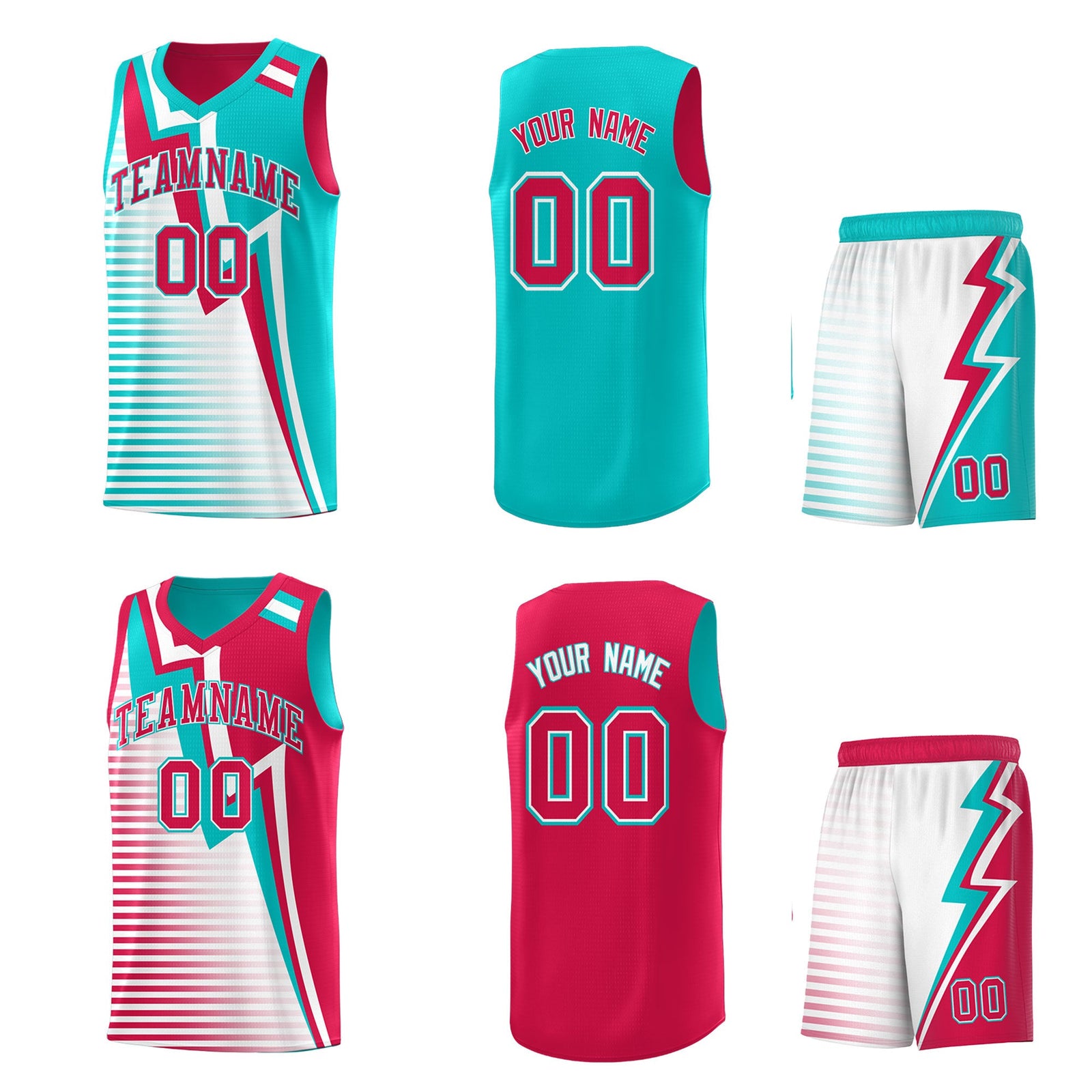 Custom Red Aqua White Gradient Stripes Lightning Pattern Reversible Sets Basketball Jersey| KXKSHOP