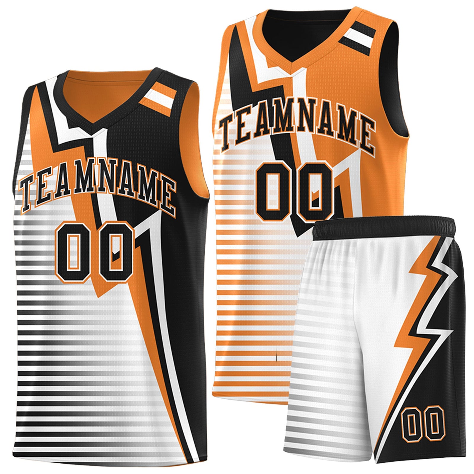 Custom Black Gold Orange White Gradient Stripes Lightning Pattern Reversible Sets Basketball Jersey| KXKSHOP