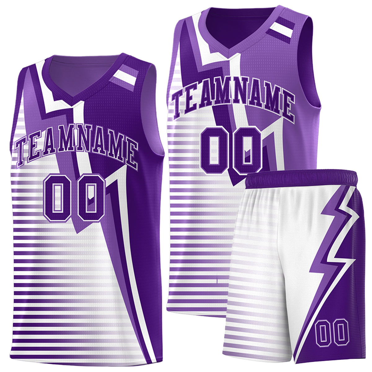Custom Purple Light Purple White Gradient Stripes Lightning Pattern Reversible Sets Basketball Jersey| KXKSHOP