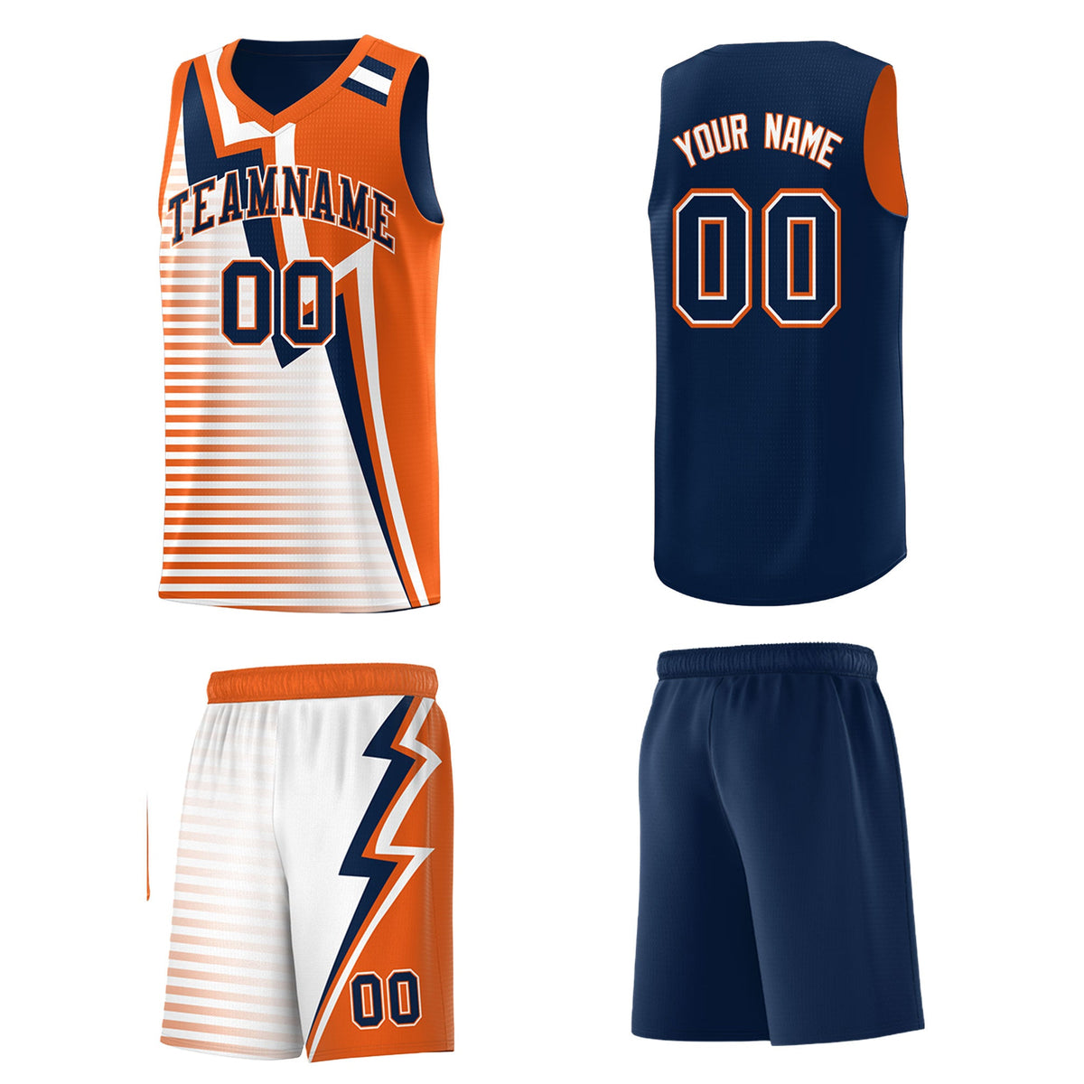 Custom Navy Orange White Gradient Stripes Lightning Pattern Reversible Sets Basketball Jersey| KXKSHOP