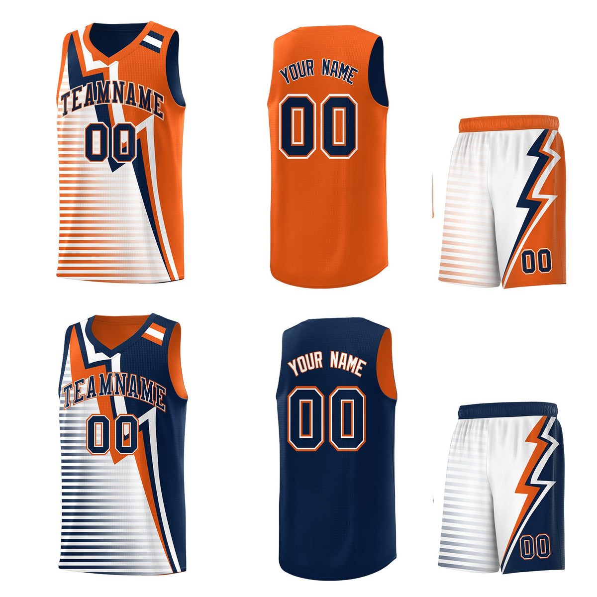 Custom Navy Orange White Gradient Stripes Lightning Pattern Reversible Sets Basketball Jersey| KXKSHOP