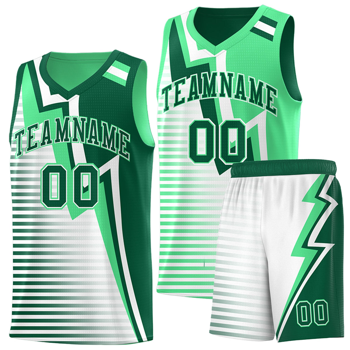 Custom Kelly Green Green White Gradient Stripes Lightning Pattern Reversible Sets Basketball Jersey| KXKSHOP