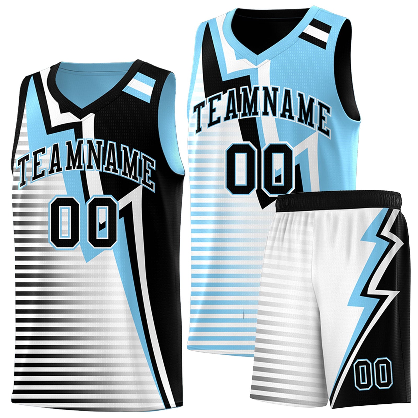Custom Black Light Blue White Gradient Stripes Lightning Pattern Reversible Sets Basketball Jersey| KXKSHOP