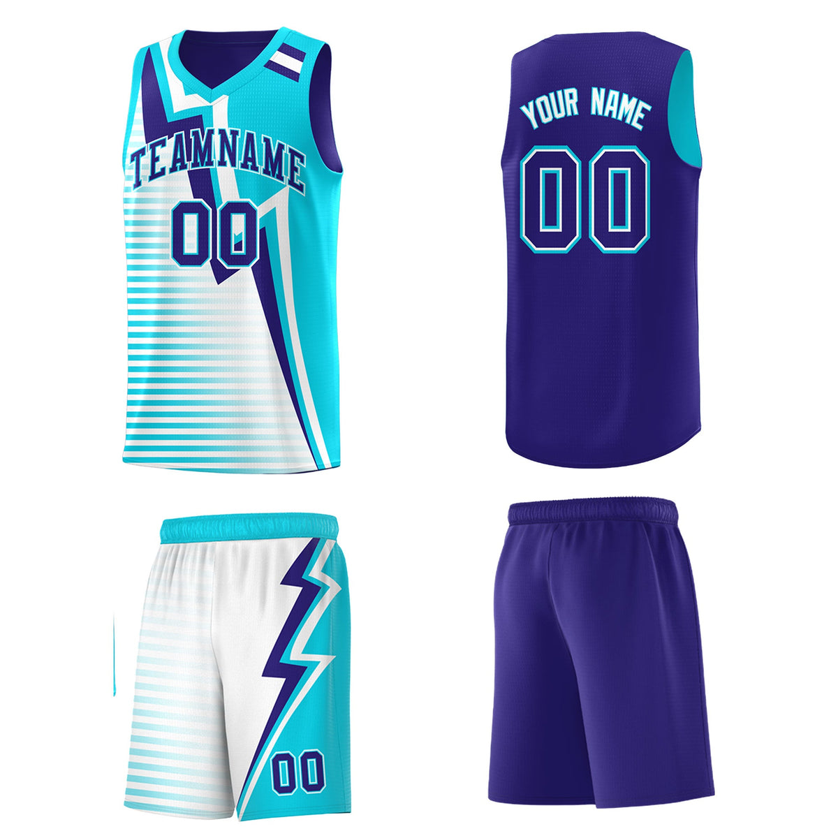 Custom Sky Blue Royal White Gradient Stripes Lightning Pattern Reversible Sets Basketball Jersey| KXKSHOP