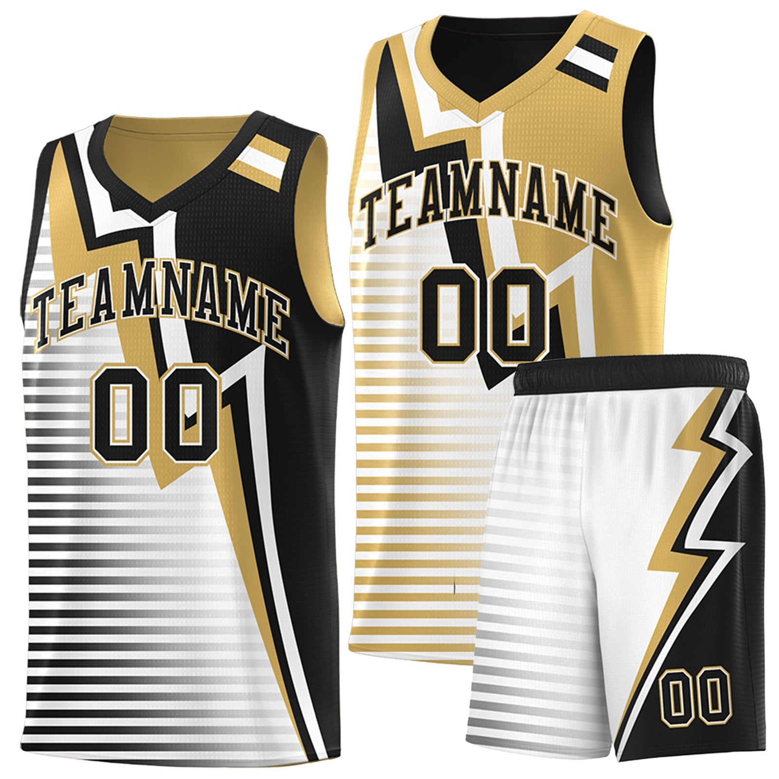 Custom Black Old Gold White Gradient Stripes Lightning Pattern Reversible Sets Basketball Jersey| KXKSHOP