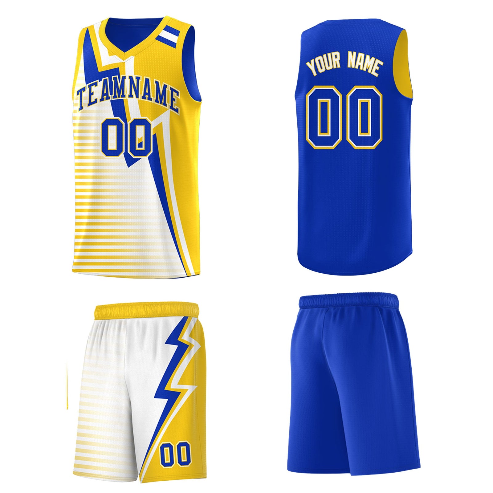 Custom Royal Blue Gold White Gradient Stripes Lightning Pattern Reversible Sets Basketball Jersey| KXKSHOP
