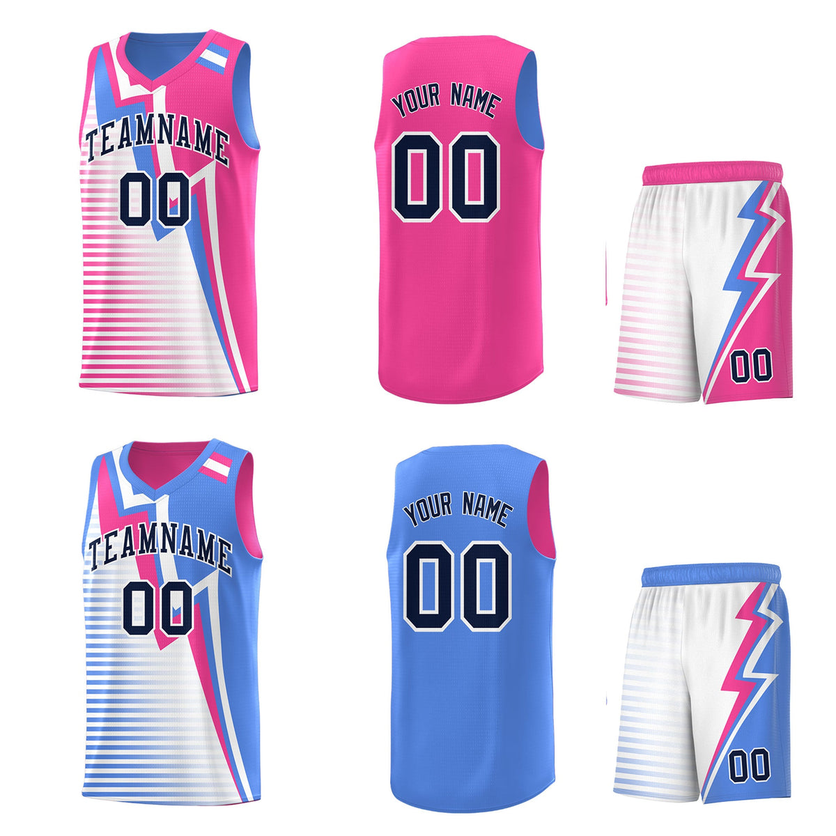 Custom Powder Blue Pink White Gradient Stripes Lightning Pattern Reversible Sets Basketball Jersey| KXKSHOP
