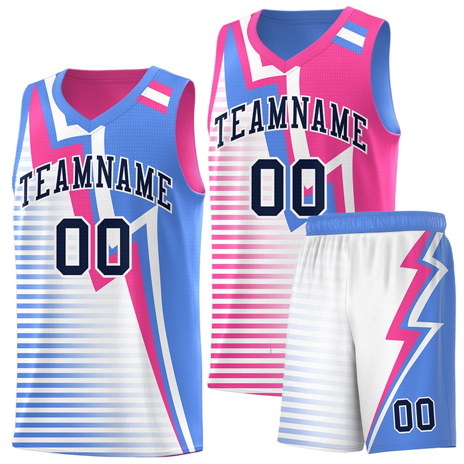 Custom Powder Blue Pink White Gradient Stripes Lightning Pattern Reversible Sets Basketball Jersey| KXKSHOP