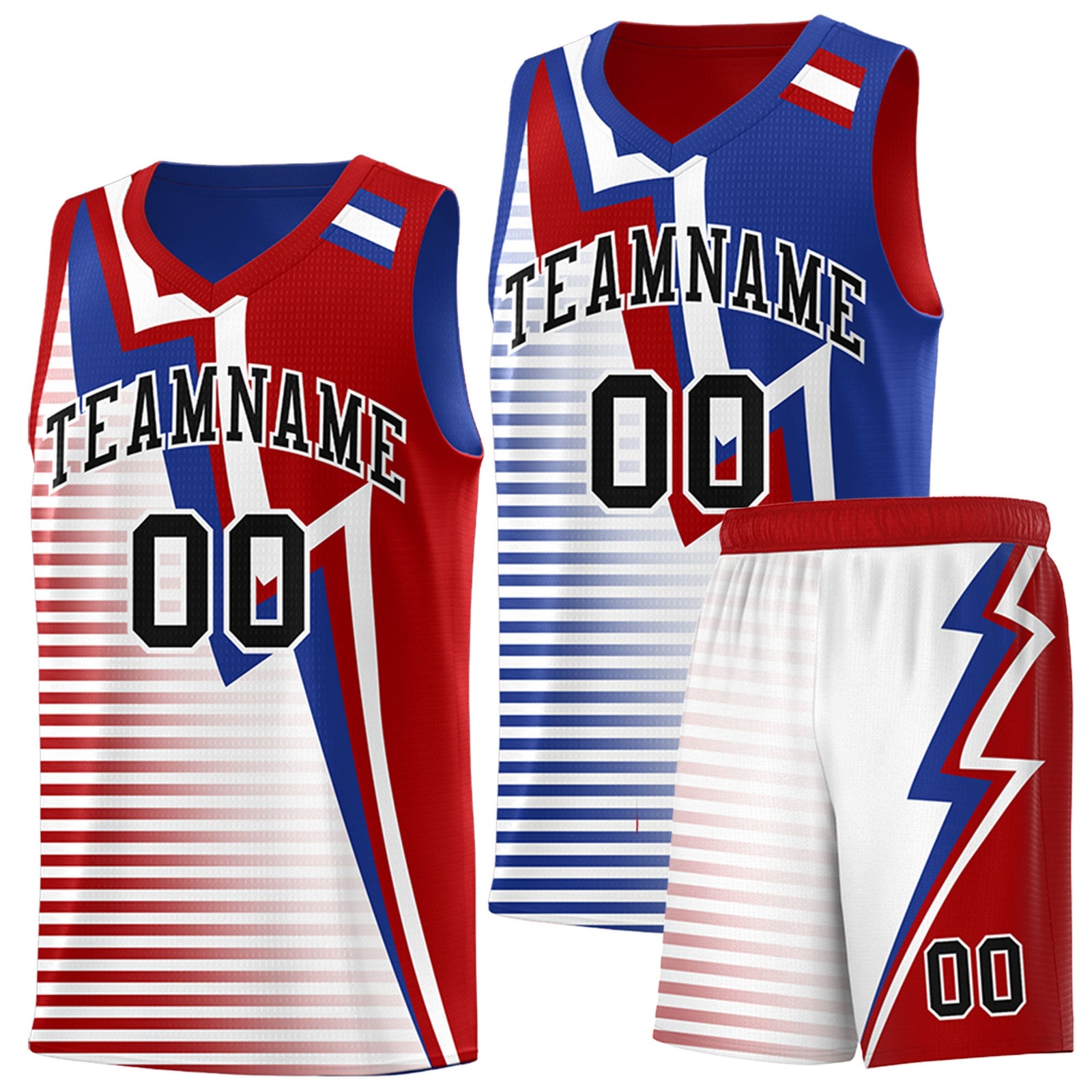 Custom Red Royal Blue White Gradient Stripes Lightning Pattern Reversible Sets Basketball Jersey| KXKSHOP