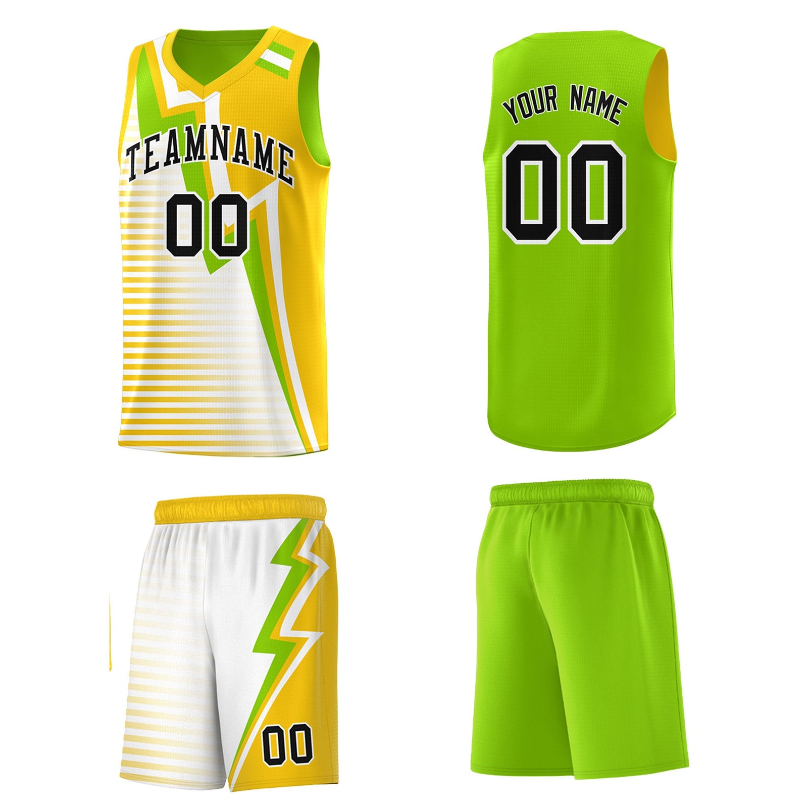 Custom Neon Green Gold White Gradient Stripes Lightning Pattern Reversible Sets Basketball Jersey| KXKSHOP