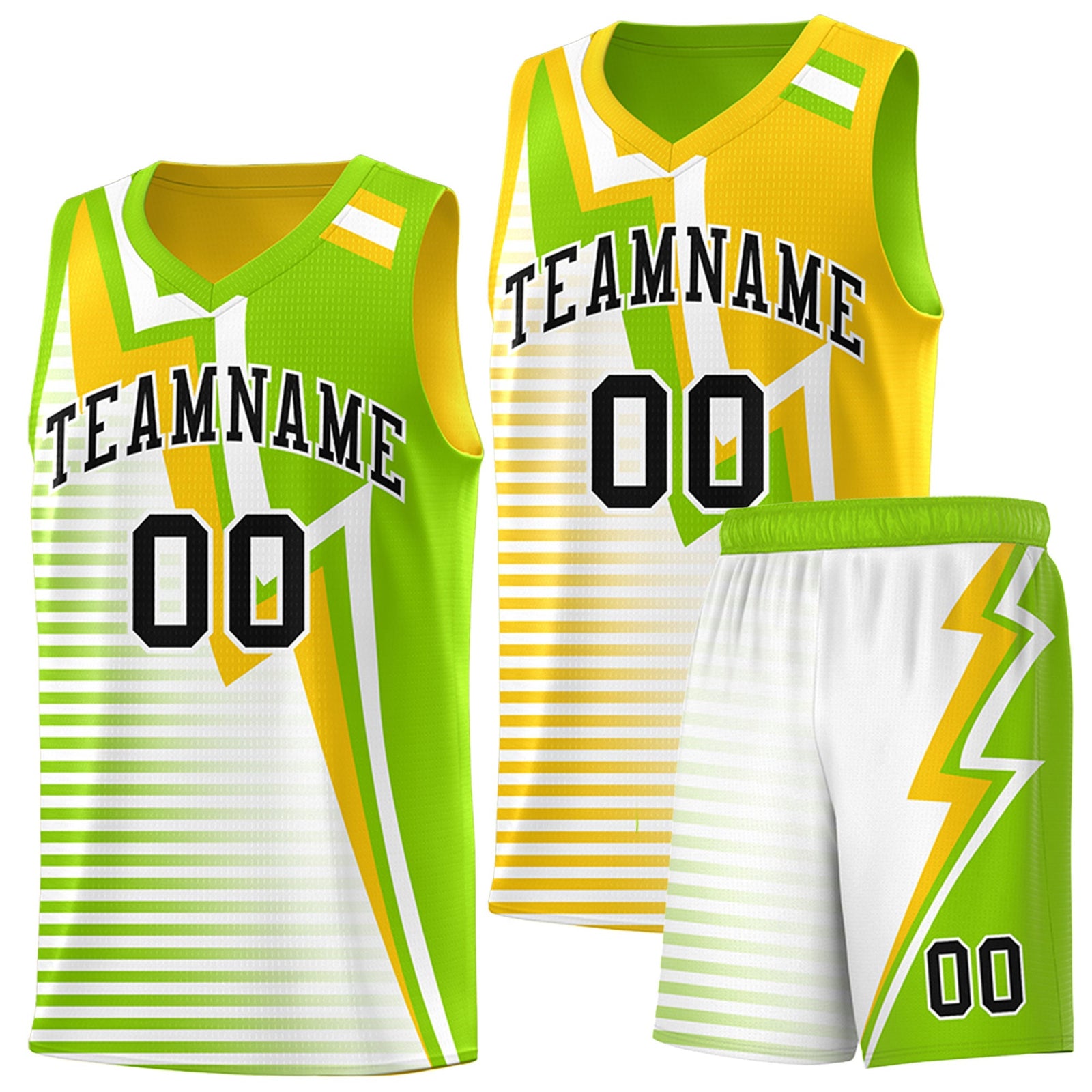 Custom Neon Green Gold White Gradient Stripes Lightning Pattern Reversible Sets Basketball Jersey| KXKSHOP
