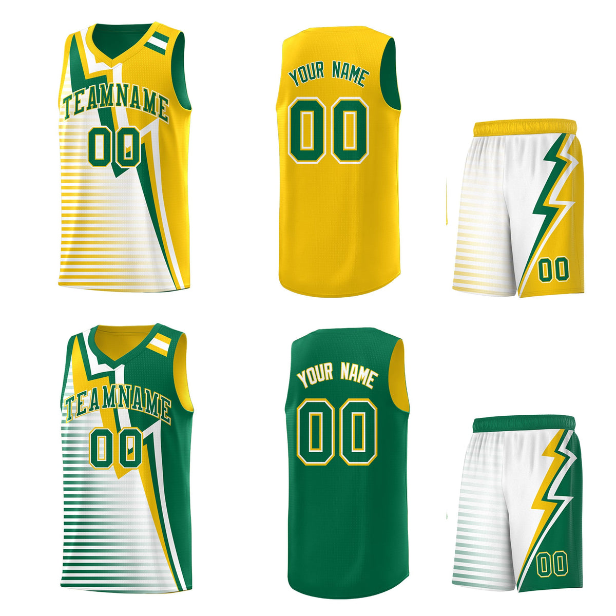 Custom Kelly Green Gold White Gradient Stripes Lightning Pattern Reversible Sets Basketball Jersey| KXKSHOP
