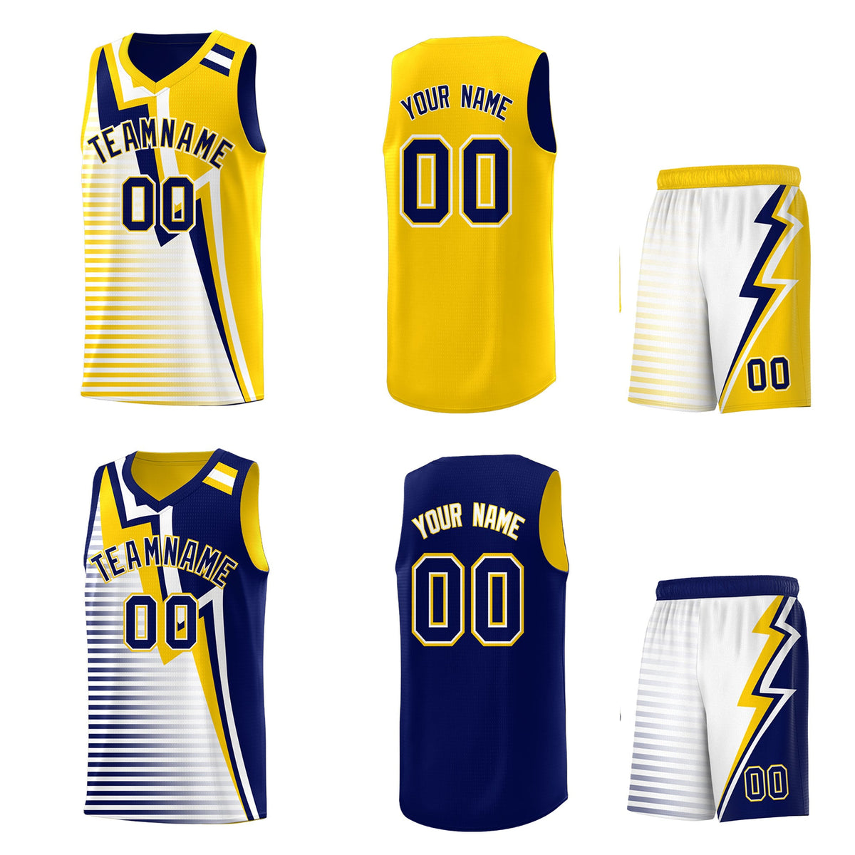 Custom Navy Gold White Gradient Stripes Lightning Pattern Reversible Sets Basketball Jersey| KXKSHOP