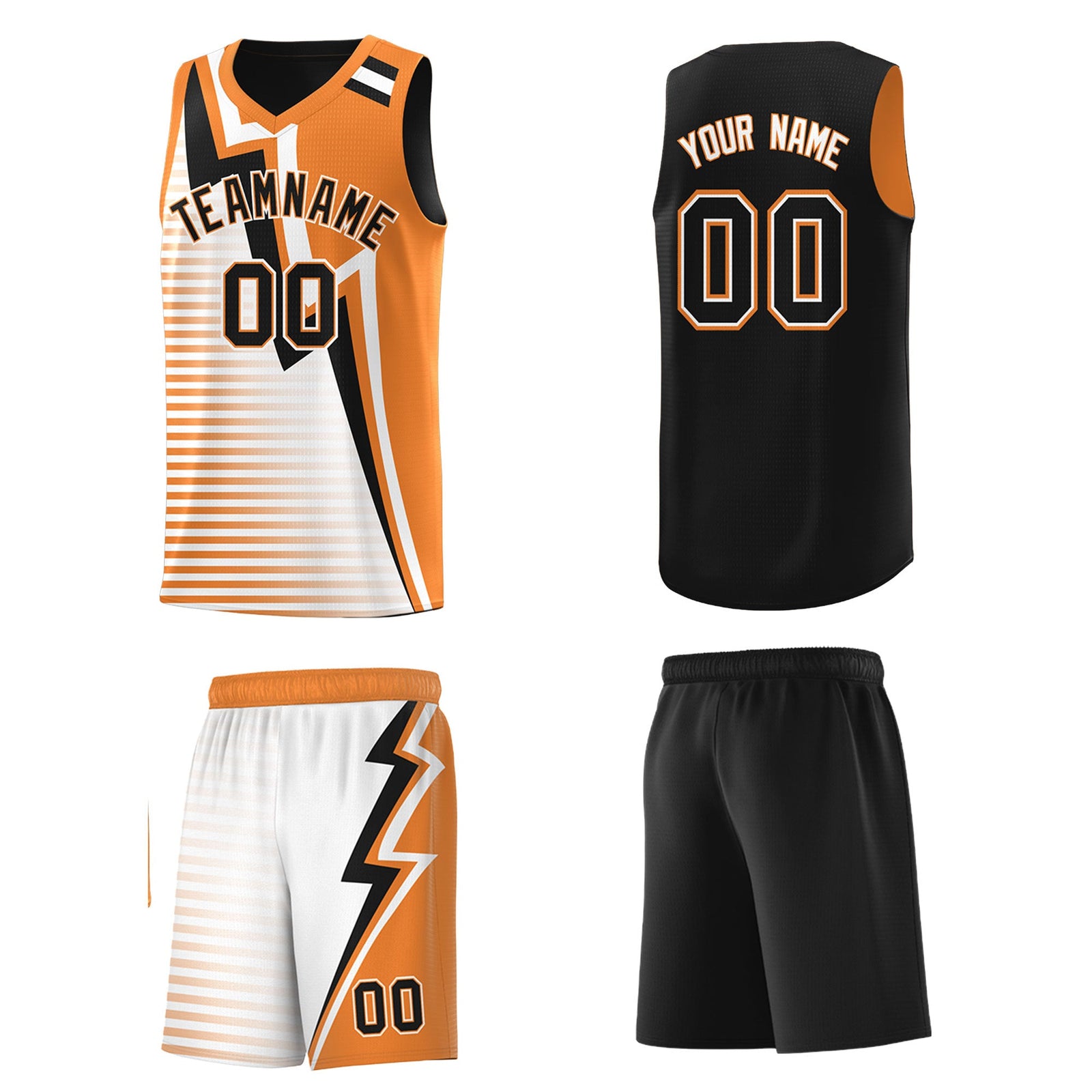 Custom Black Gold Orange White Gradient Stripes Lightning Pattern Reversible Sets Basketball Jersey| KXKSHOP