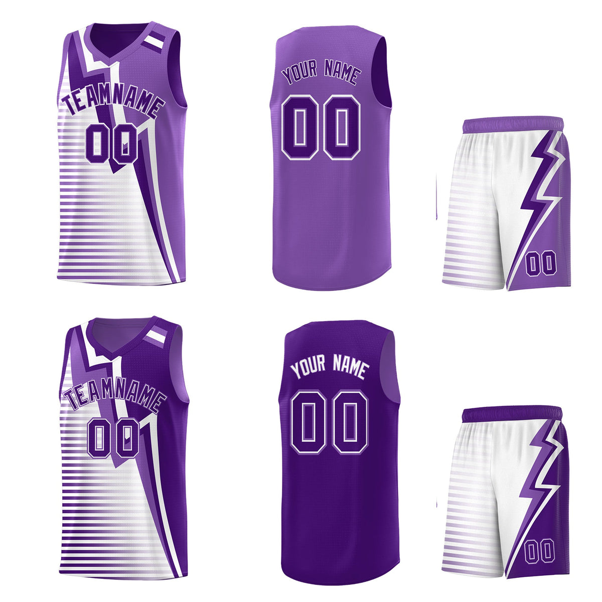 Custom Purple Light Purple White Gradient Stripes Lightning Pattern Reversible Sets Basketball Jersey| KXKSHOP