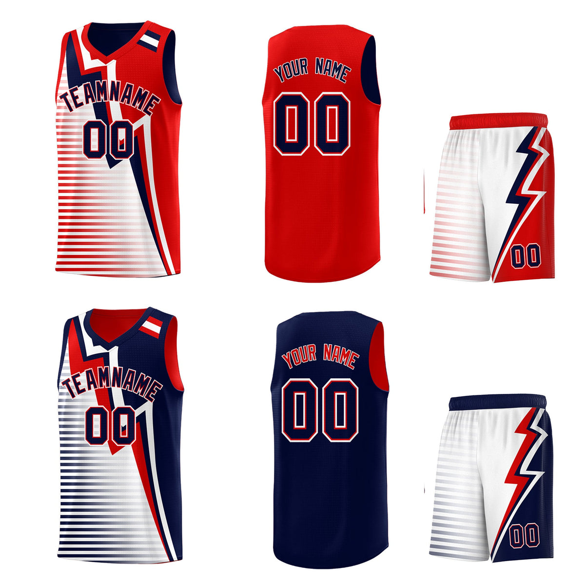 Custom Navy Red White Gradient Stripes Lightning Pattern Reversible Sets Basketball Jersey| KXKSHOP