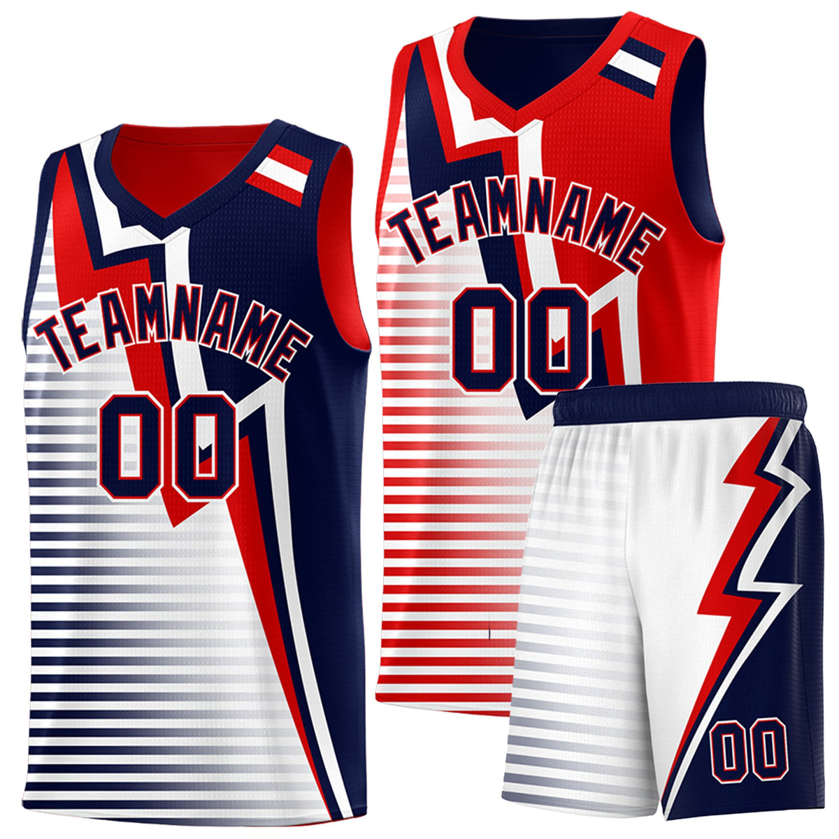 Custom Navy Red White Gradient Stripes Lightning Pattern Reversible Sets Basketball Jersey| KXKSHOP