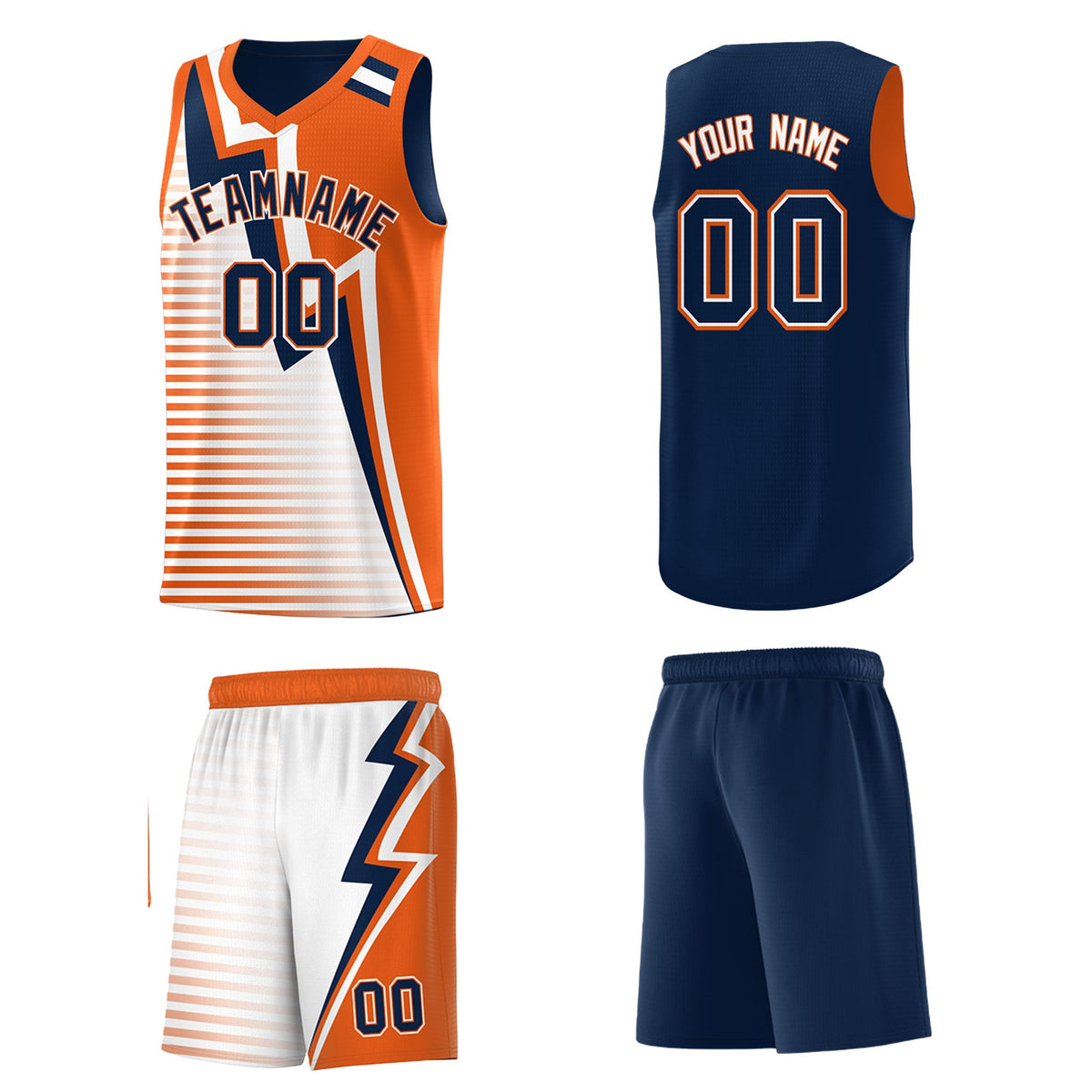 Custom Navy Orange White Gradient Stripes Lightning Pattern Reversible Sets Basketball Jersey| KXKSHOP