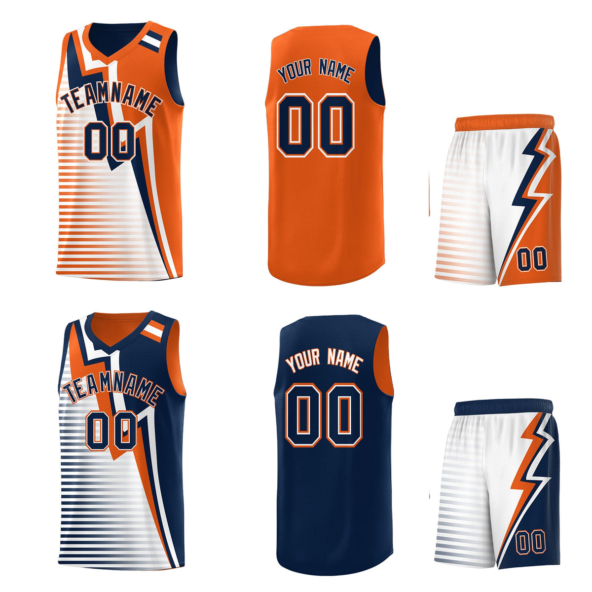 Custom Navy Orange White Gradient Stripes Lightning Pattern Reversible Sets Basketball Jersey| KXKSHOP