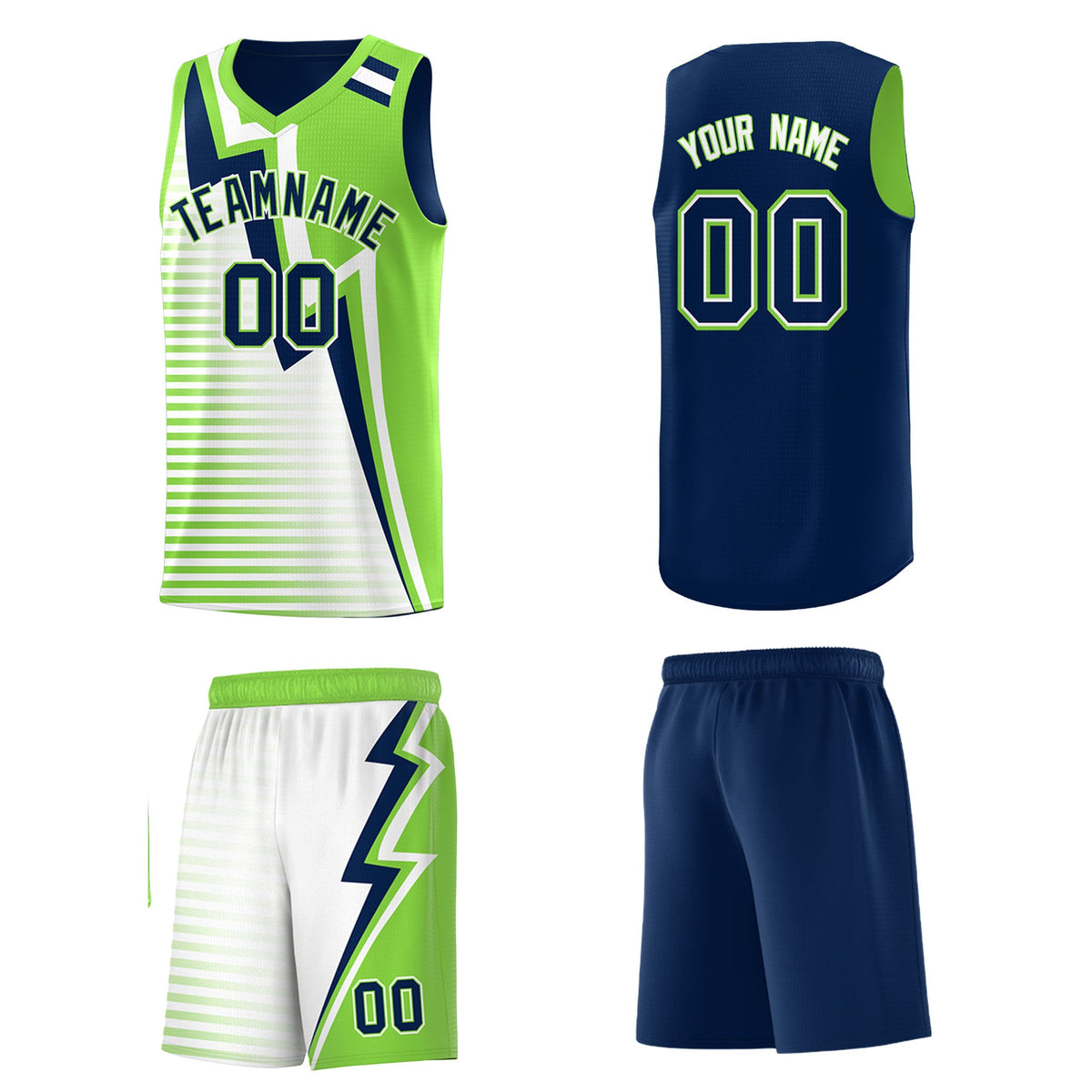 Custom Navy Fluorescent Green White Gradient Stripes Lightning Pattern Reversible Sets Basketball Jersey| KXKSHOP